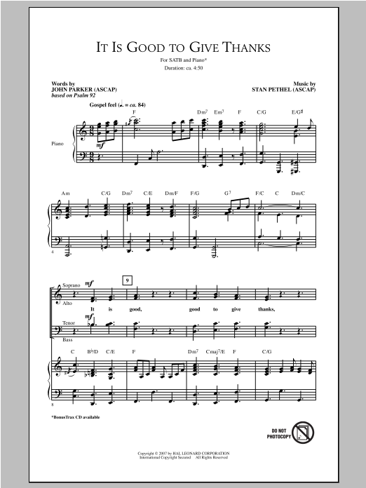 Download Stan Pethel It Is Good To Give Thanks Sheet Music and learn how to play SATB PDF digital score in minutes