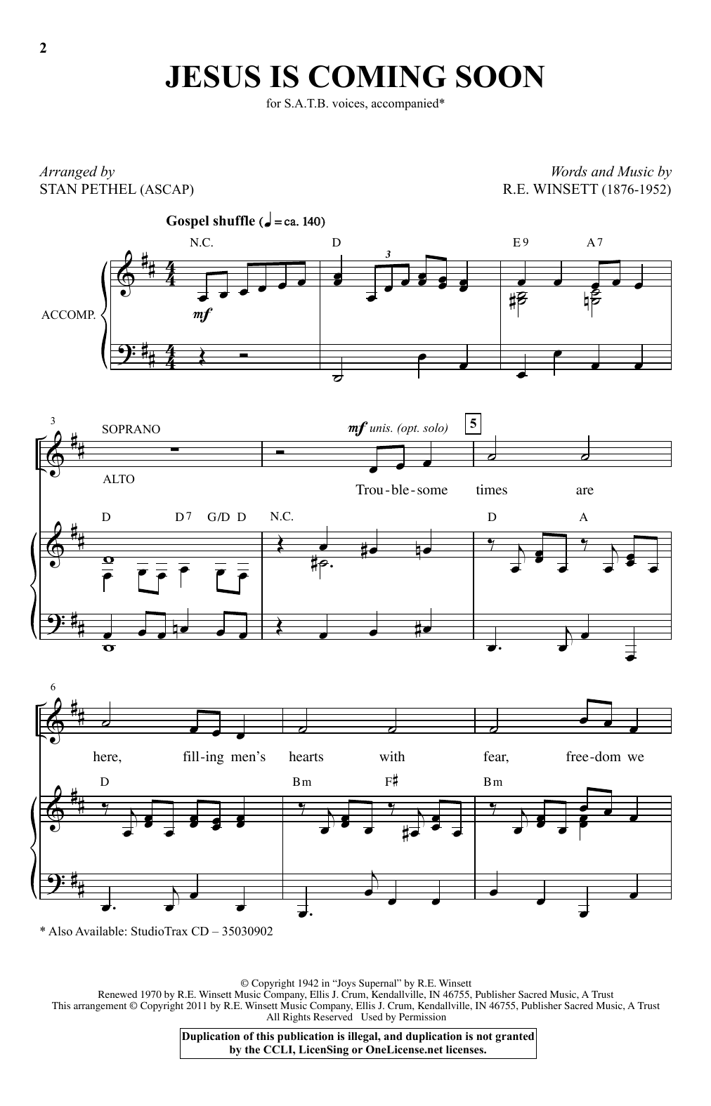 Download Stan Pethel Jesus Is Coming Soon Sheet Music and learn how to play SATB PDF digital score in minutes