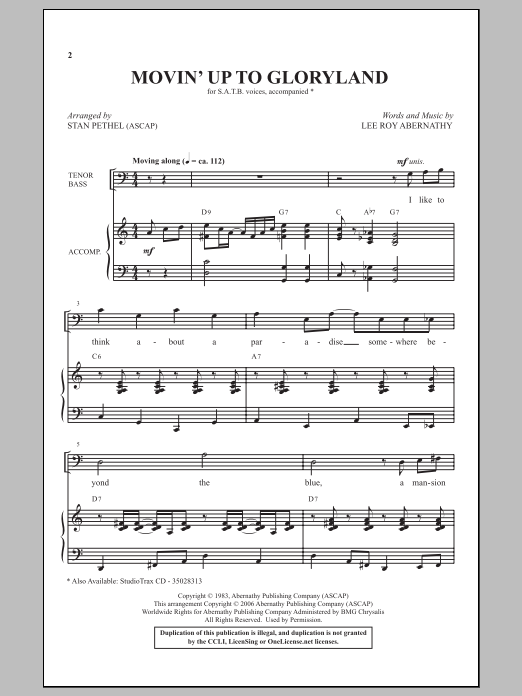 Download Stan Pethel Movin' Up To Gloryland (from Gospel Voices) Sheet Music and learn how to play SATB PDF digital score in minutes