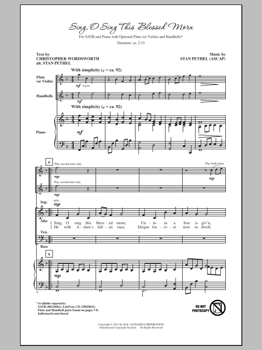 Download Stan Pethel Sing, O Sing This Blessed Morn Sheet Music and learn how to play SATB PDF digital score in minutes