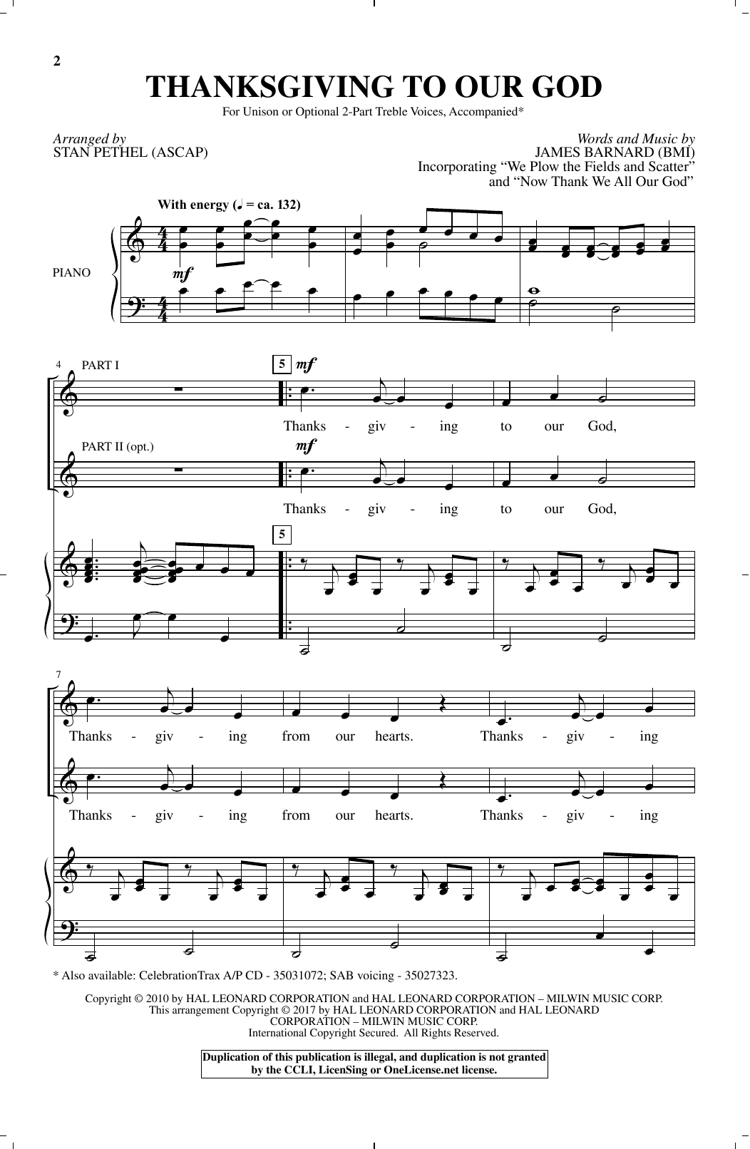 Download Stan Pethel Thanksgiving To Our God Sheet Music and learn how to play Choral PDF digital score in minutes