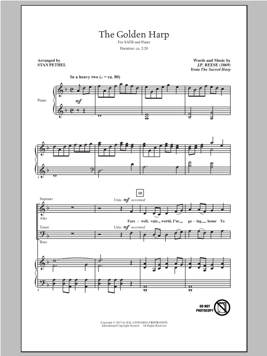 Download J.P. Reese The Golden Harp (arr. Stan Pethel) Sheet Music and learn how to play SATB PDF digital score in minutes