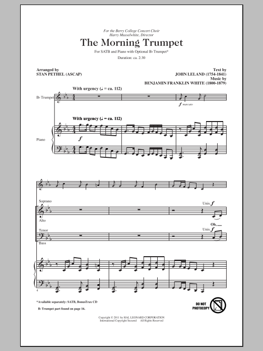 Download Benjamin Franklin White The Morning Trumpet (arr. Stan Pethel) Sheet Music and learn how to play SATB PDF digital score in minutes