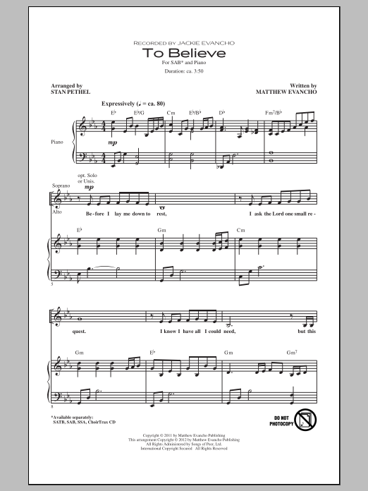 Download Jackie Evancho To Believe (arr. Stan Pethel) Sheet Music and learn how to play SATB PDF digital score in minutes