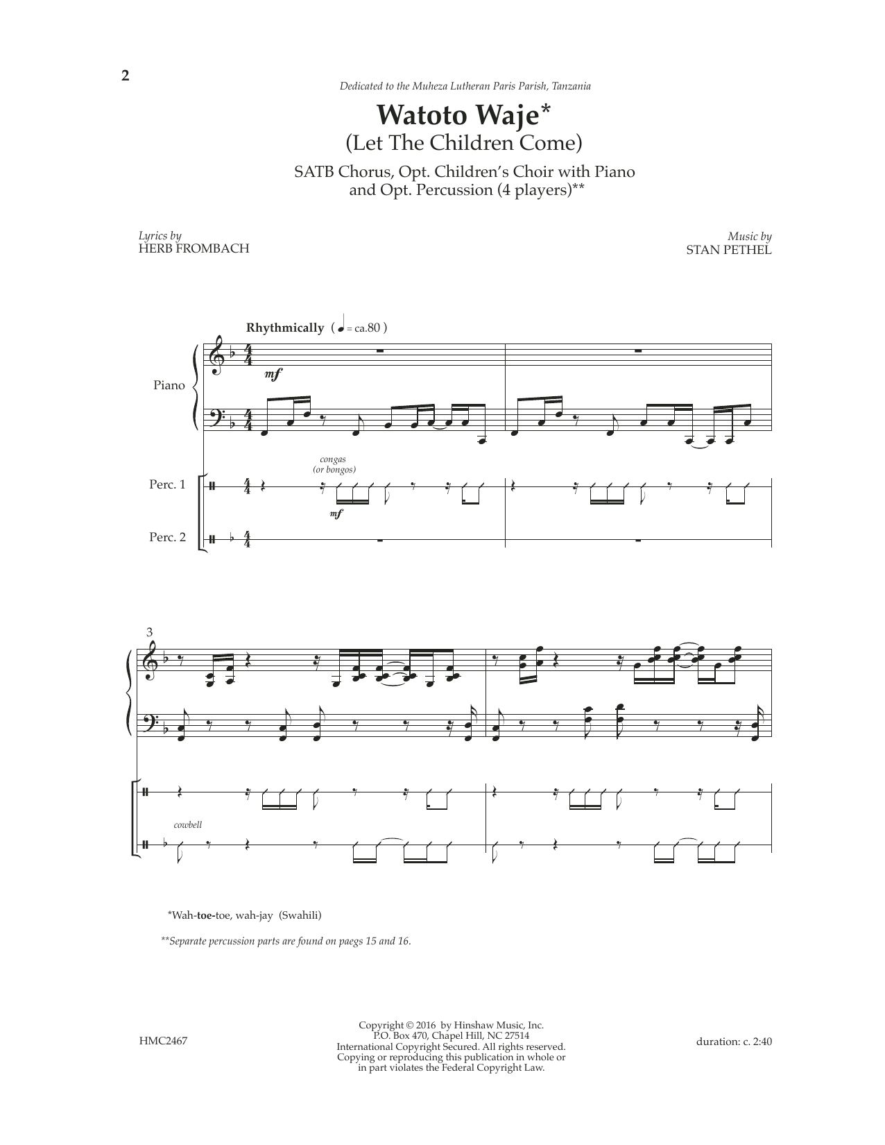 Download Stan Pethel Watoto Waje (Let The Children Come) Sheet Music and learn how to play SATB Choir PDF digital score in minutes