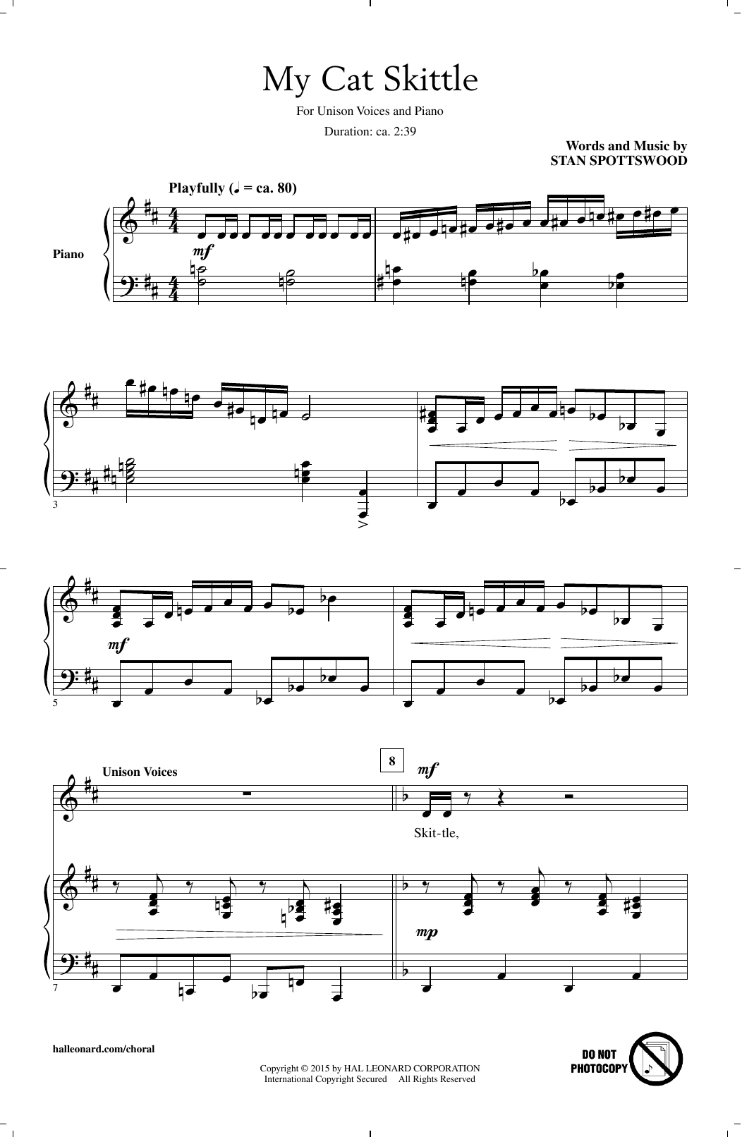 Download Stan Spottswood My Cat Skittle Sheet Music and learn how to play Unison Voice PDF digital score in minutes