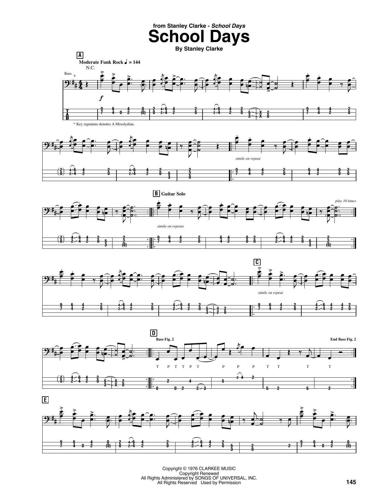 Download Stanley Clarke School Days Sheet Music and learn how to play Bass Guitar Tab PDF digital score in minutes