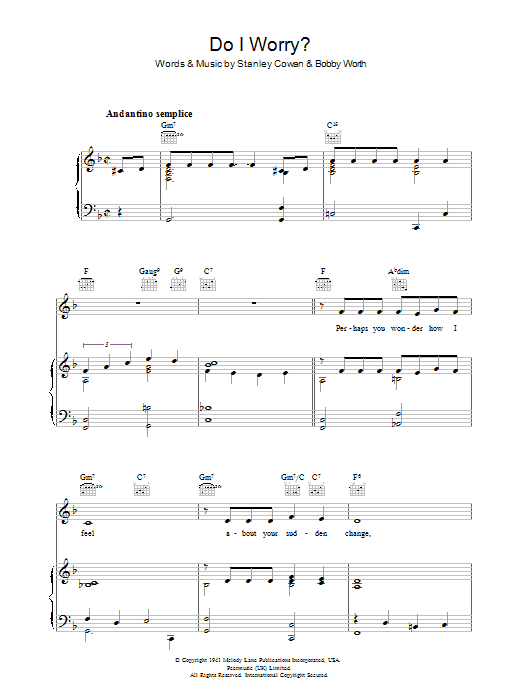 Download Stanley Cowan Do I Worry Sheet Music and learn how to play Piano, Vocal & Guitar (Right-Hand Melody) PDF digital score in minutes