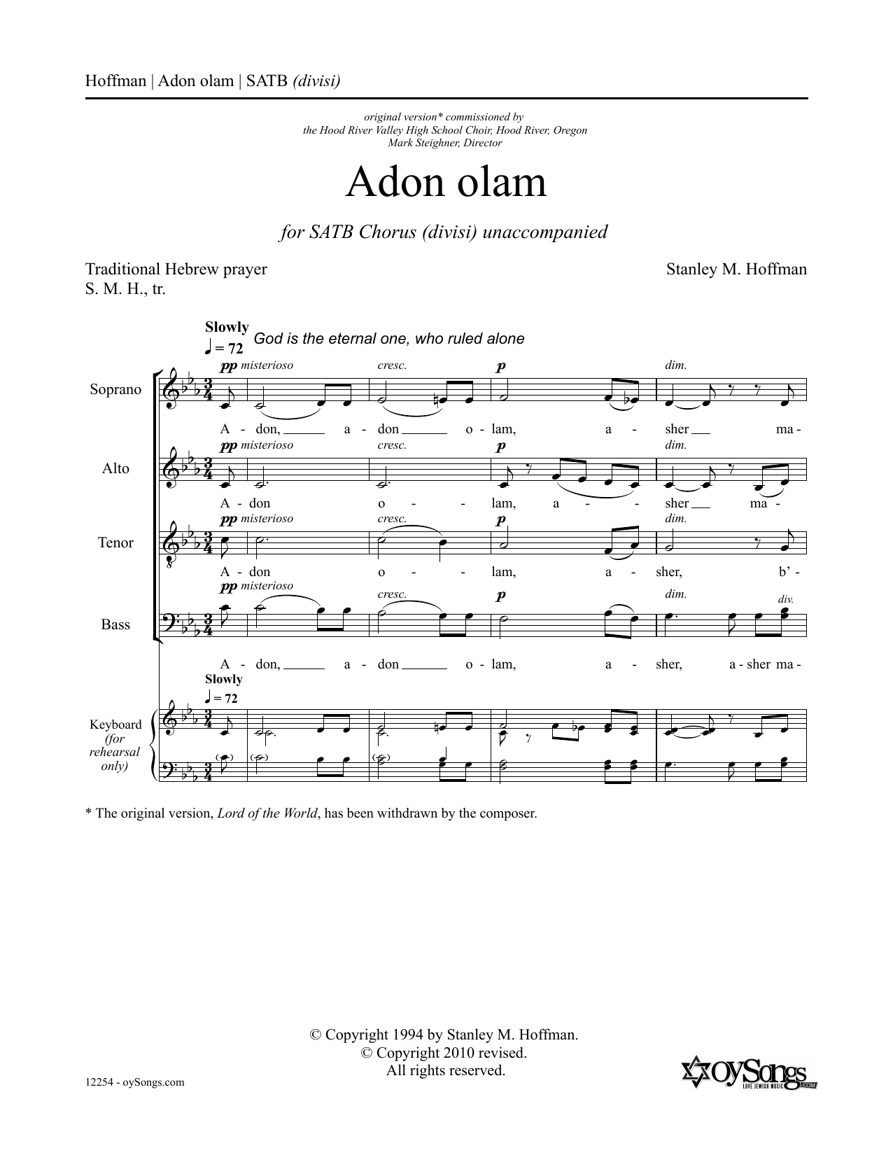 Download Stanley F. Hoffman Adon Olam Sheet Music and learn how to play SATB Choir PDF digital score in minutes