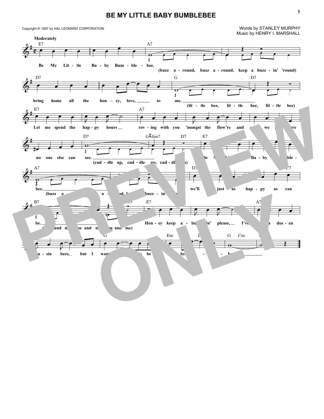 Download Stanley Murphy Be My Little Baby Bumblebee Sheet Music and learn how to play Melody Line, Lyrics & Chords PDF digital score in minutes