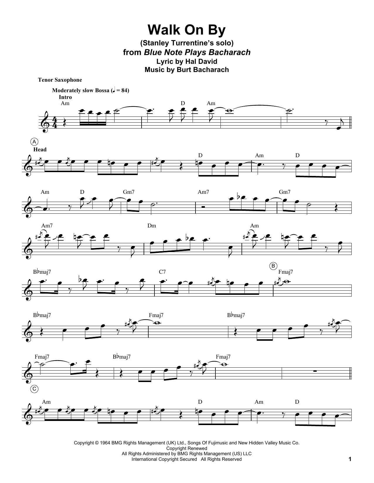 Download Stanley Turrentine Walk On By Sheet Music and learn how to play Tenor Sax Transcription PDF digital score in minutes