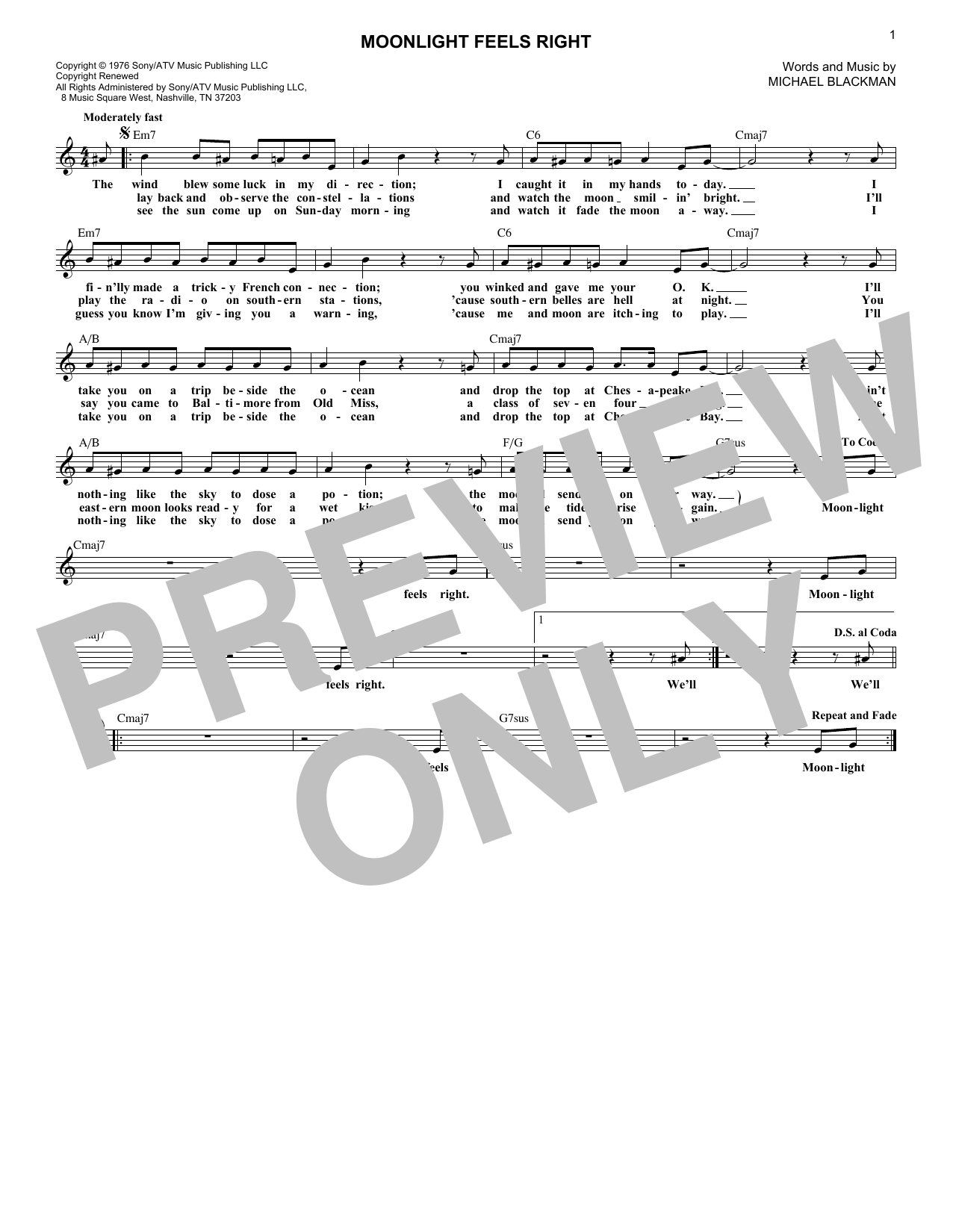 Download Starbuck Moonlight Feels Right Sheet Music and learn how to play Melody Line, Lyrics & Chords PDF digital score in minutes