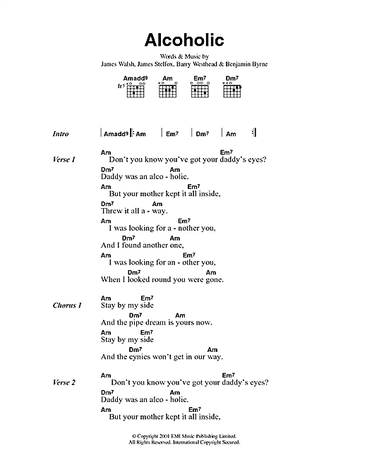 Download Starsailor Alcoholic Sheet Music and learn how to play Lyrics & Chords PDF digital score in minutes