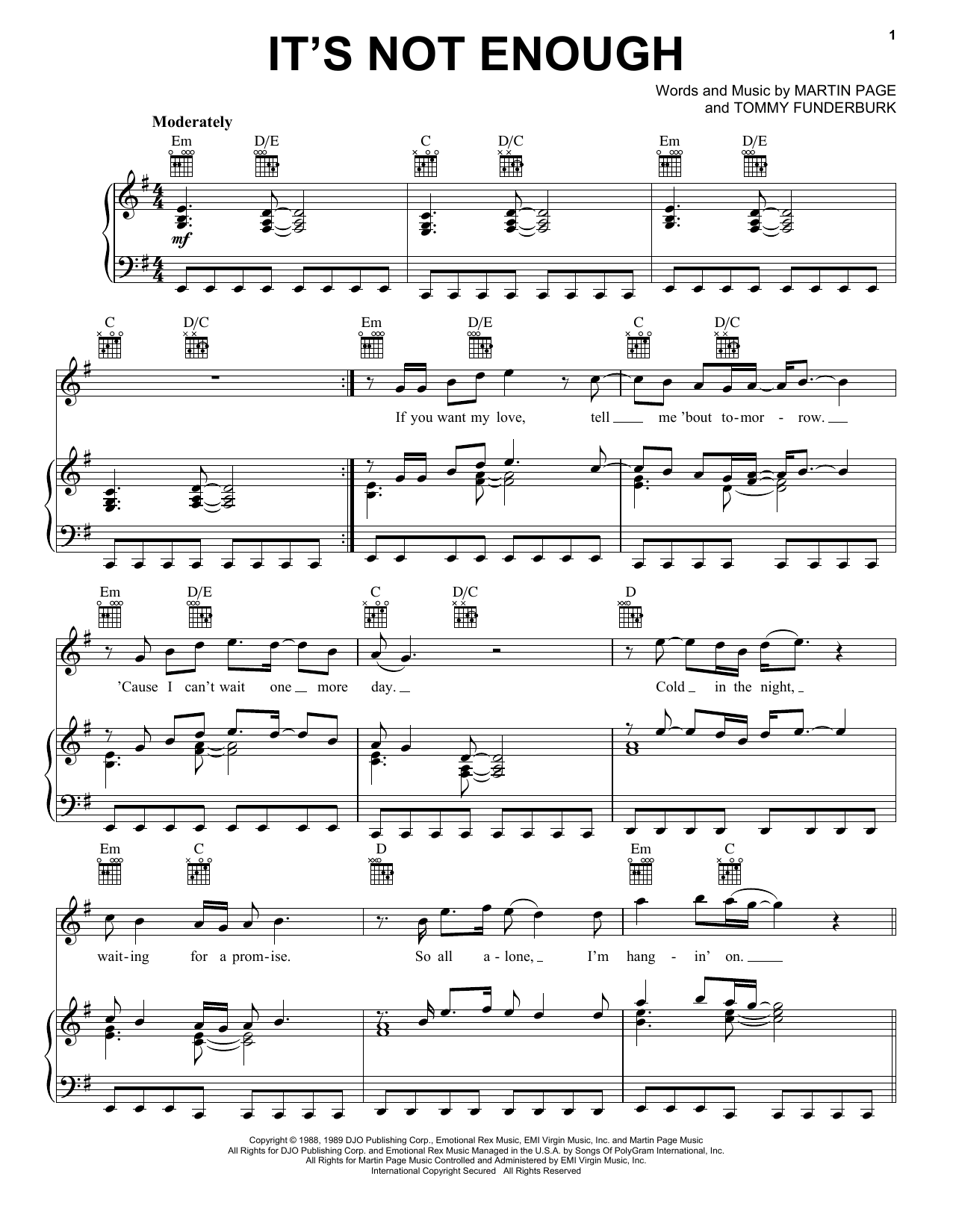 Download Starship It's Not Enough Sheet Music and learn how to play Piano, Vocal & Guitar Chords (Right-Hand Melody) PDF digital score in minutes