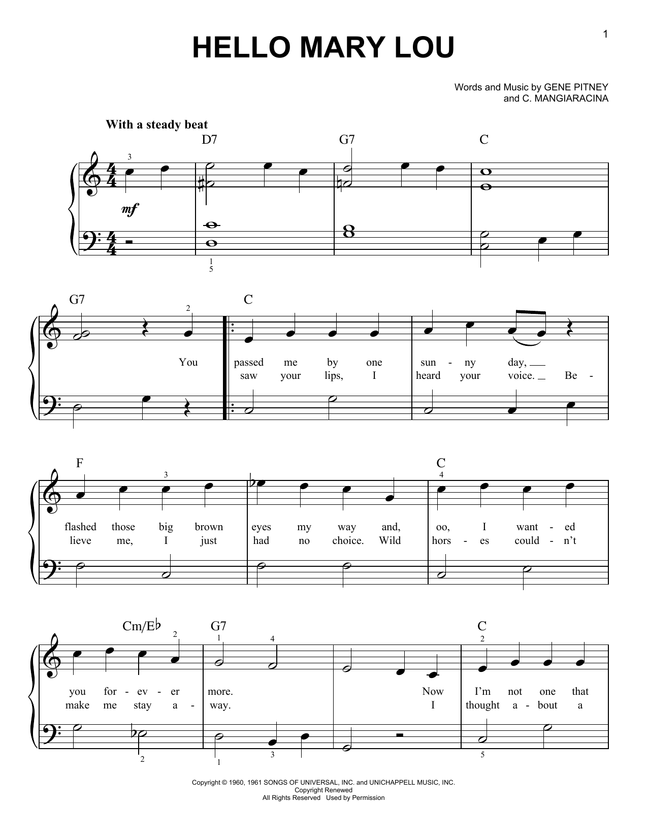 Download Statler Brothers Hello Mary Lou Sheet Music and learn how to play Easy Piano PDF digital score in minutes