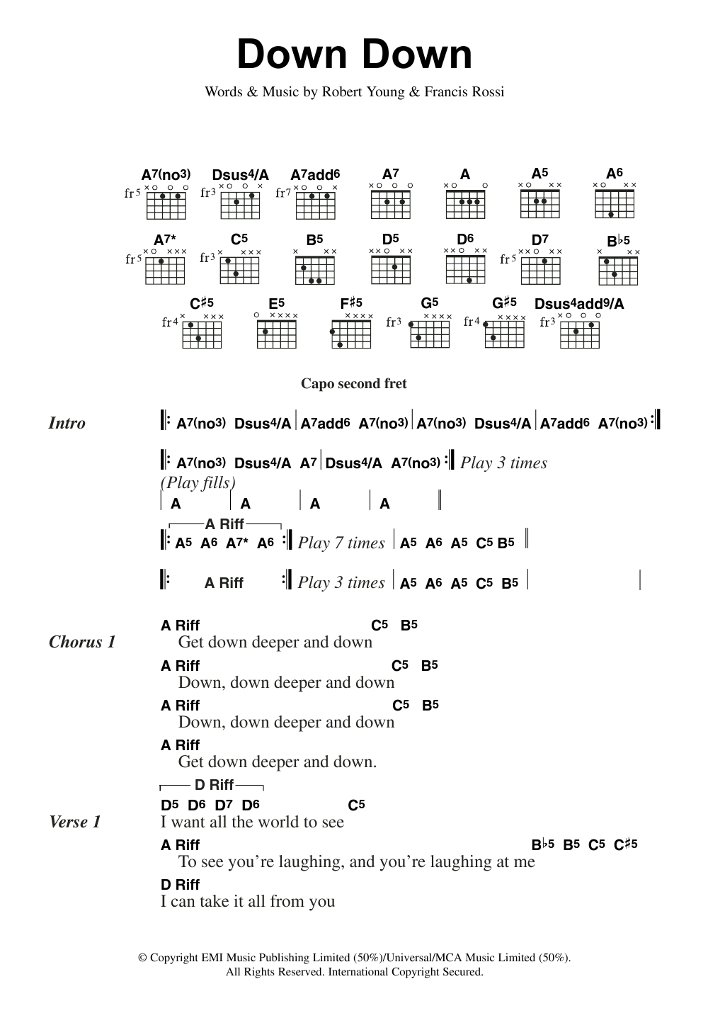 Download Status Quo Down Down Sheet Music and learn how to play Lyrics & Chords PDF digital score in minutes