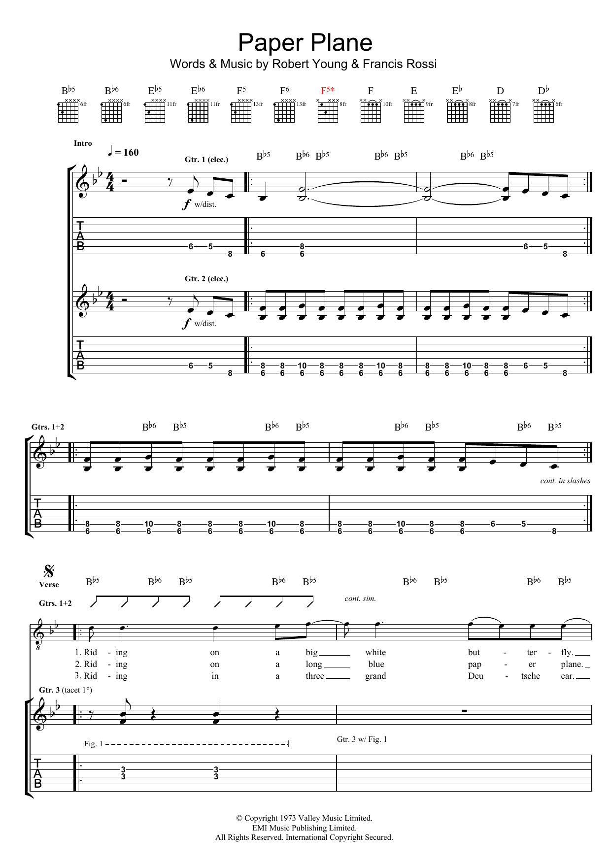 Download Status Quo Paper Plane Sheet Music and learn how to play Guitar Tab PDF digital score in minutes