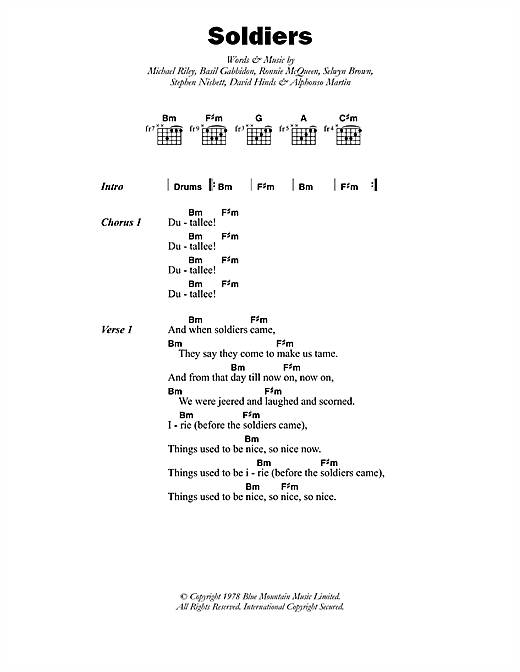 Download Steel Pulse Soldiers Sheet Music and learn how to play Lyrics & Chords PDF digital score in minutes