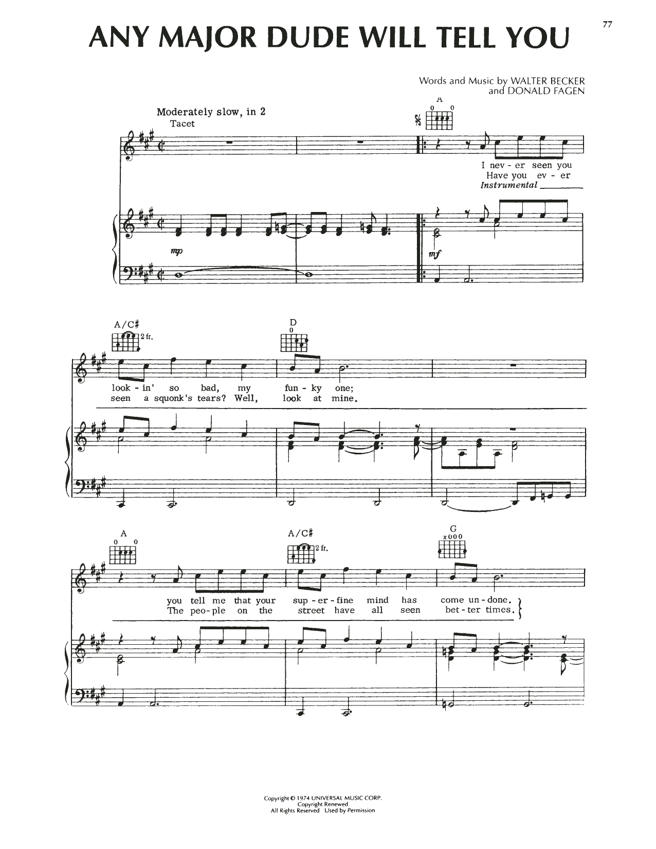 Download Steely Dan Any Major Dude Will Tell You Sheet Music and learn how to play Piano, Vocal & Guitar Chords (Right-Hand Melody) PDF digital score in minutes