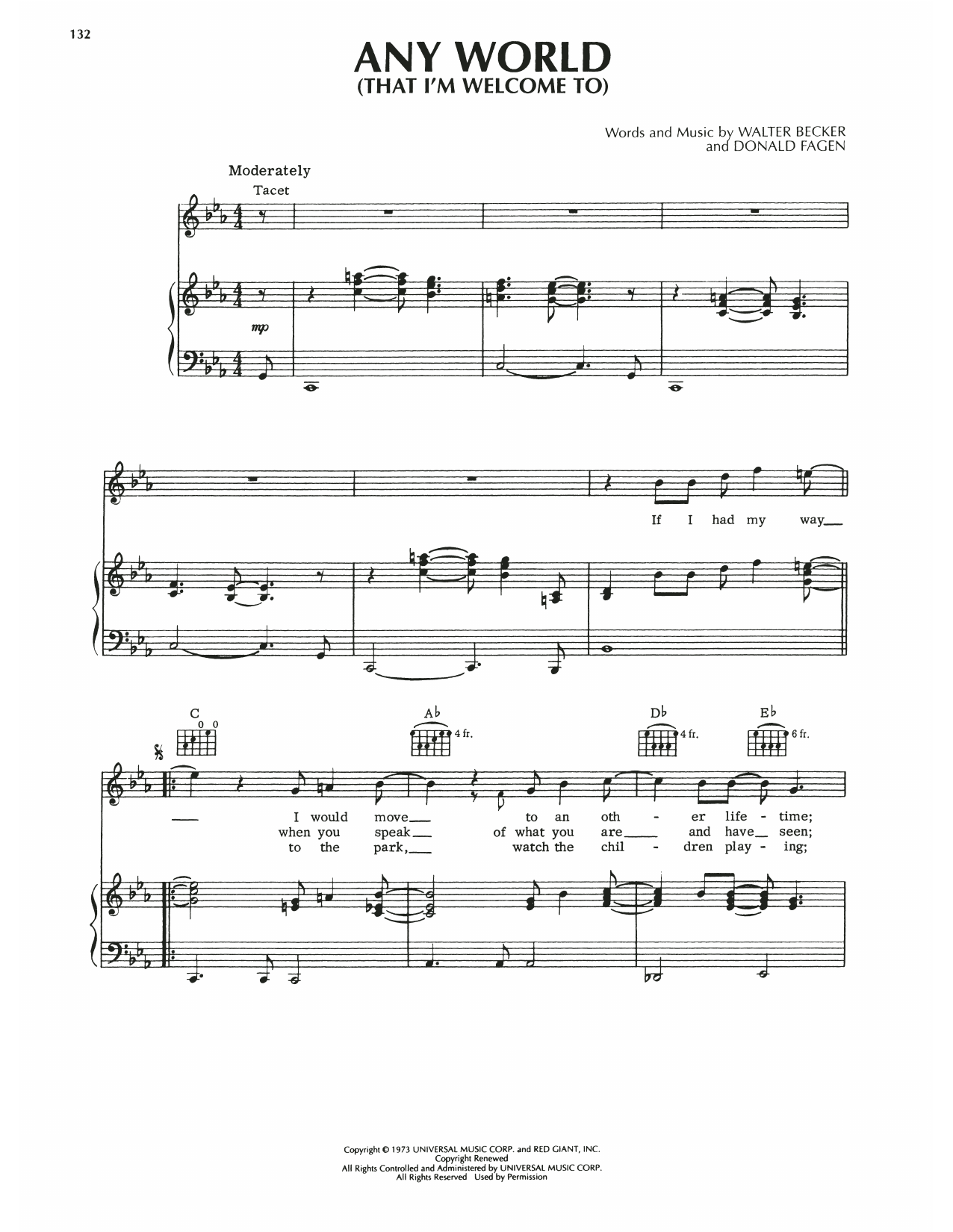 Download Steely Dan Any World (That I'm Welcome To) Sheet Music and learn how to play Piano, Vocal & Guitar Chords (Right-Hand Melody) PDF digital score in minutes