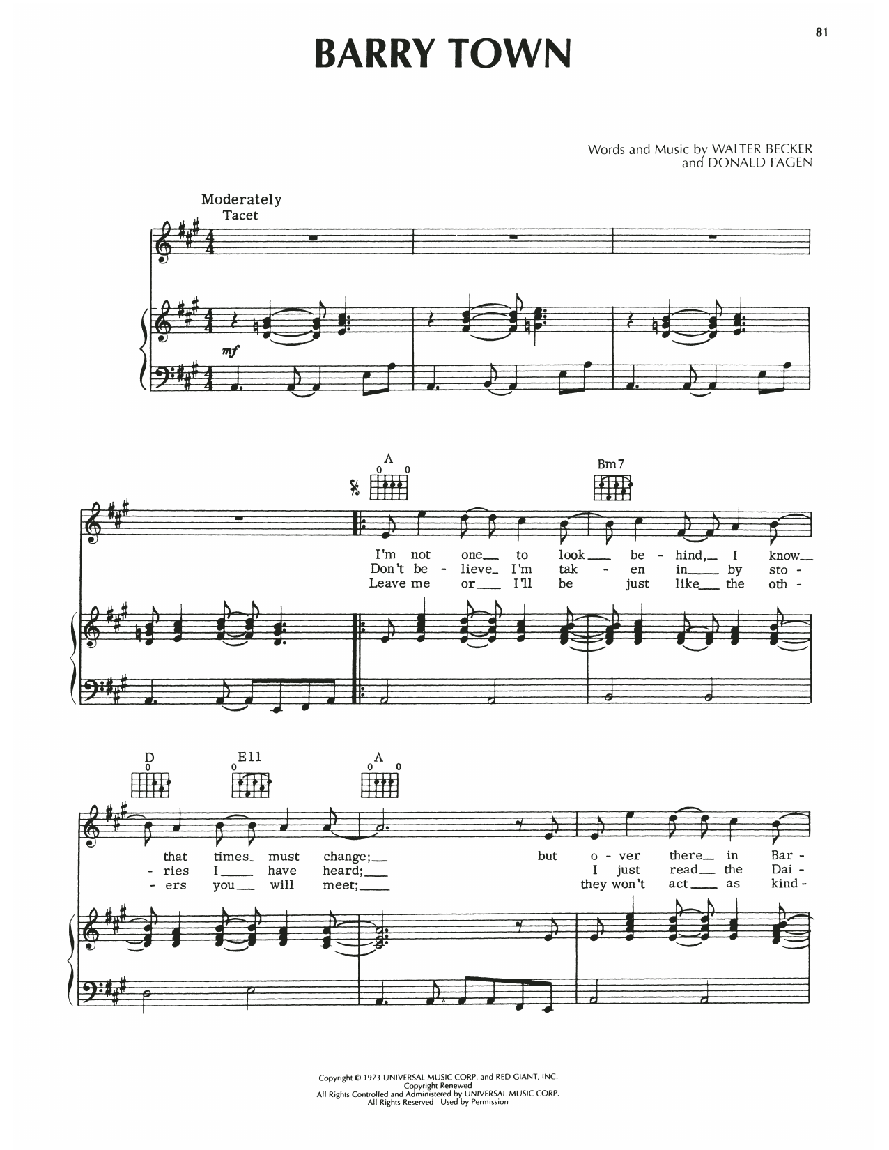 Download Steely Dan Barry Town Sheet Music and learn how to play Piano, Vocal & Guitar Chords (Right-Hand Melody) PDF digital score in minutes