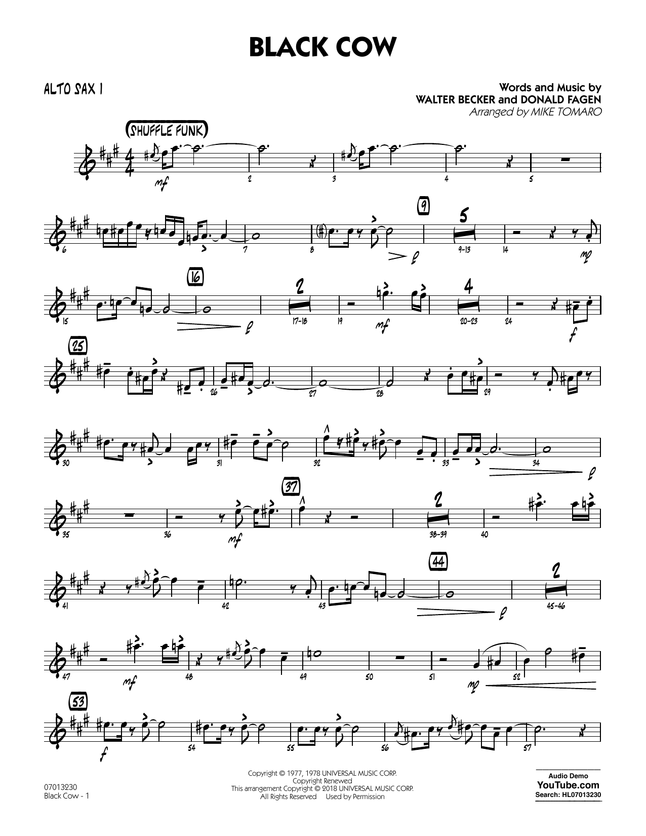 Download Steely Dan Black Cow (arr. Mike Tomaro) - Alto Sax 1 Sheet Music and learn how to play Jazz Ensemble PDF digital score in minutes