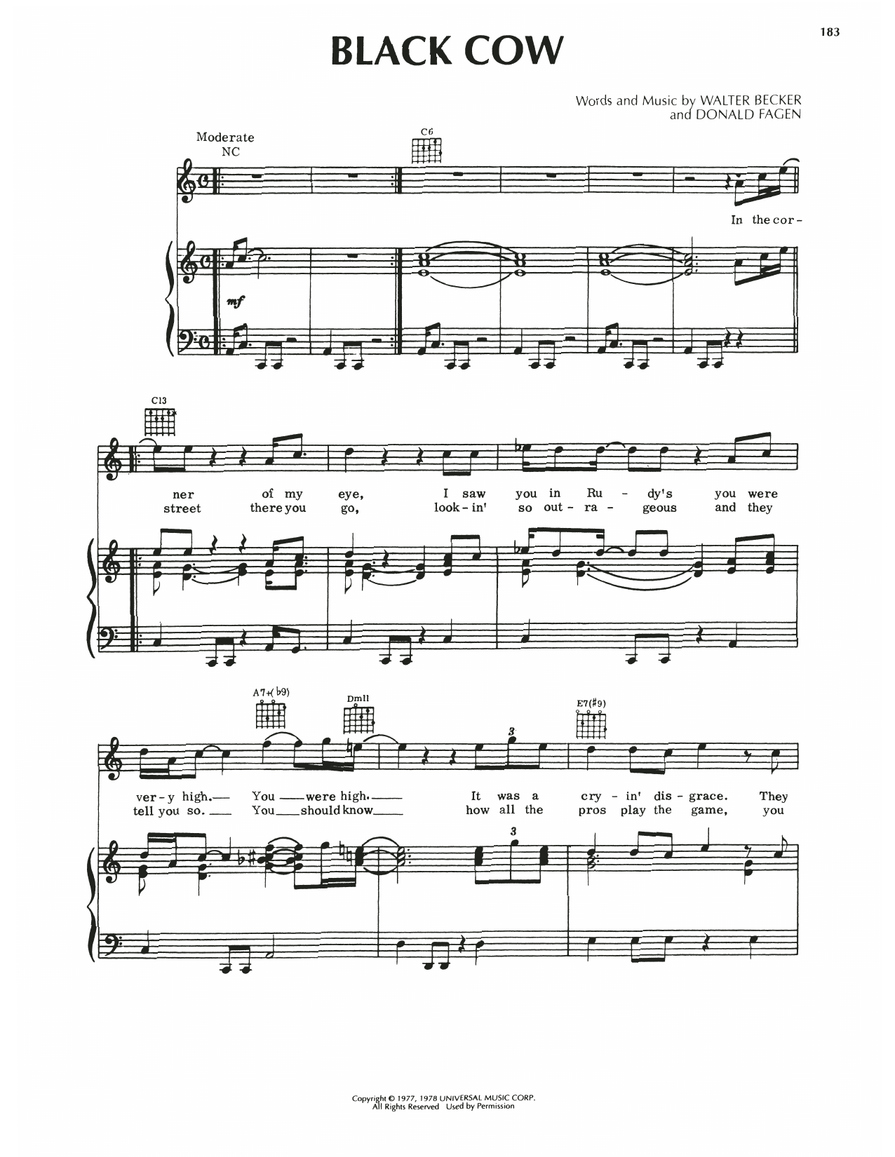 Download Steely Dan Black Cow Sheet Music and learn how to play Piano, Vocal & Guitar Chords (Right-Hand Melody) PDF digital score in minutes