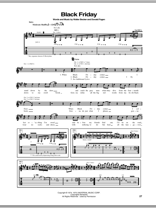 Download Steely Dan Black Friday Sheet Music and learn how to play Piano, Vocal & Guitar Chords (Right-Hand Melody) PDF digital score in minutes