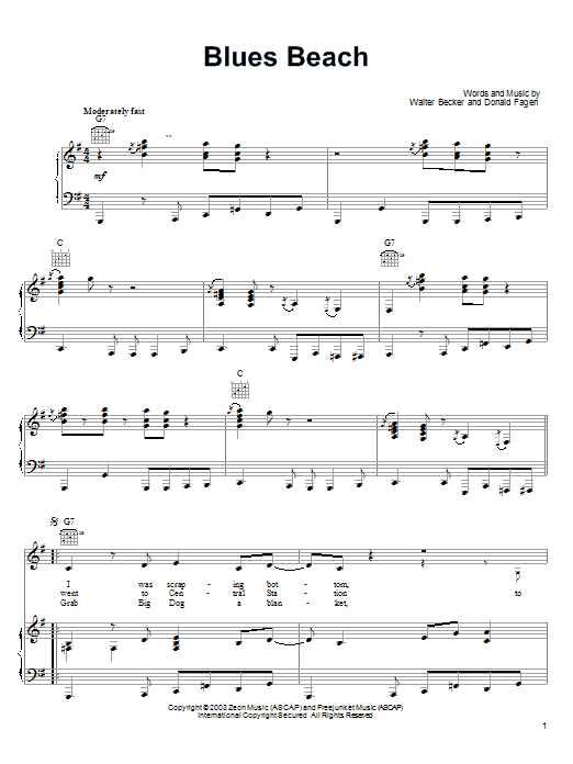 Download Steely Dan Blues Beach Sheet Music and learn how to play Piano, Vocal & Guitar (Right-Hand Melody) PDF digital score in minutes