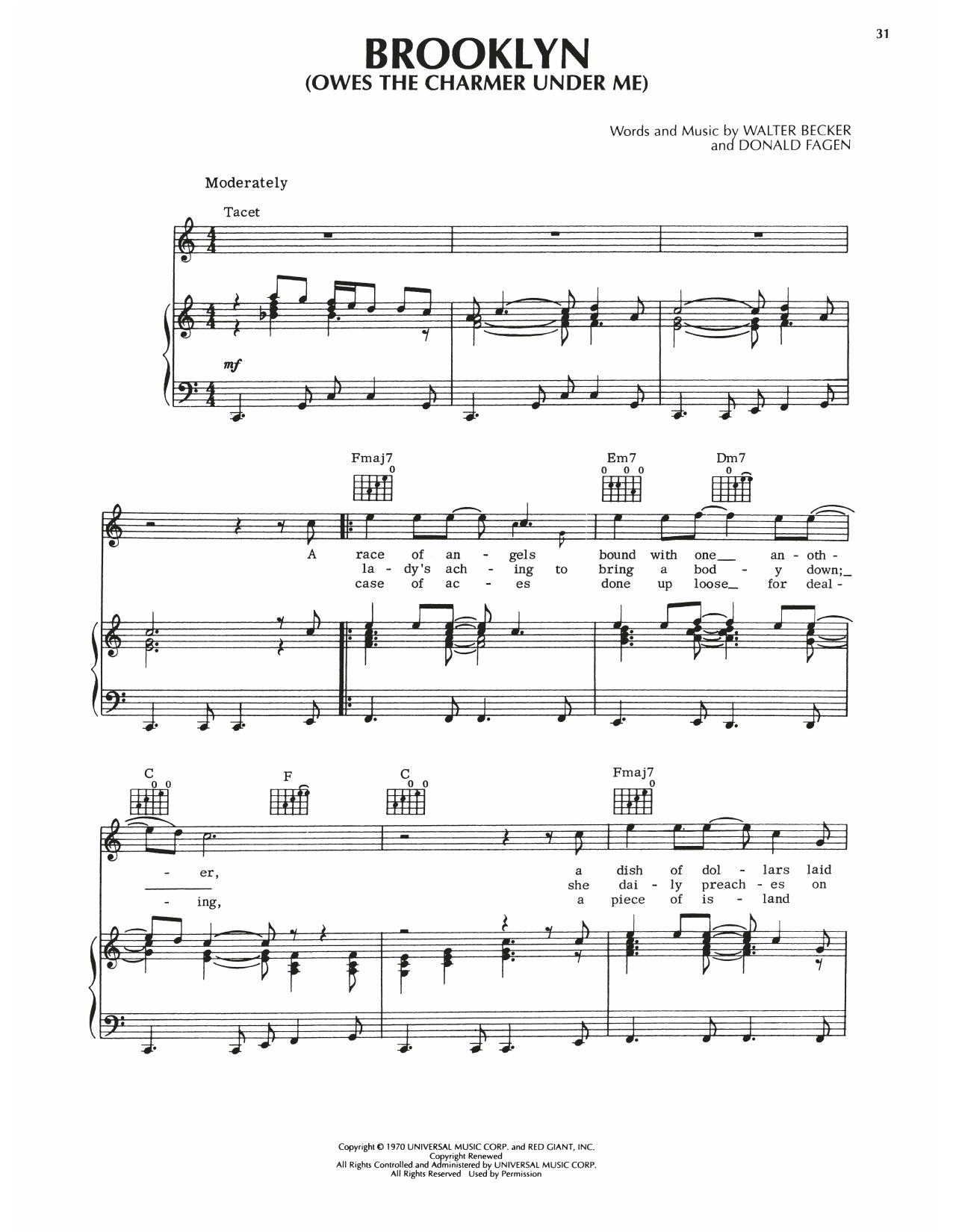 Download Steely Dan Brooklyn (Owes The Charmer Under Me) Sheet Music and learn how to play Piano, Vocal & Guitar Chords (Right-Hand Melody) PDF digital score in minutes