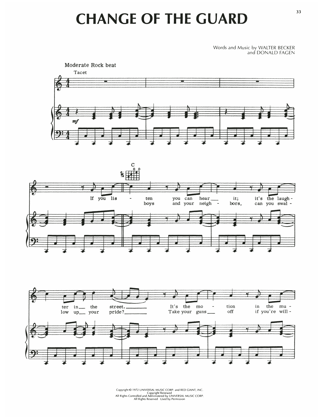 Download Steely Dan Change Of The Guard Sheet Music and learn how to play Piano, Vocal & Guitar Chords (Right-Hand Melody) PDF digital score in minutes