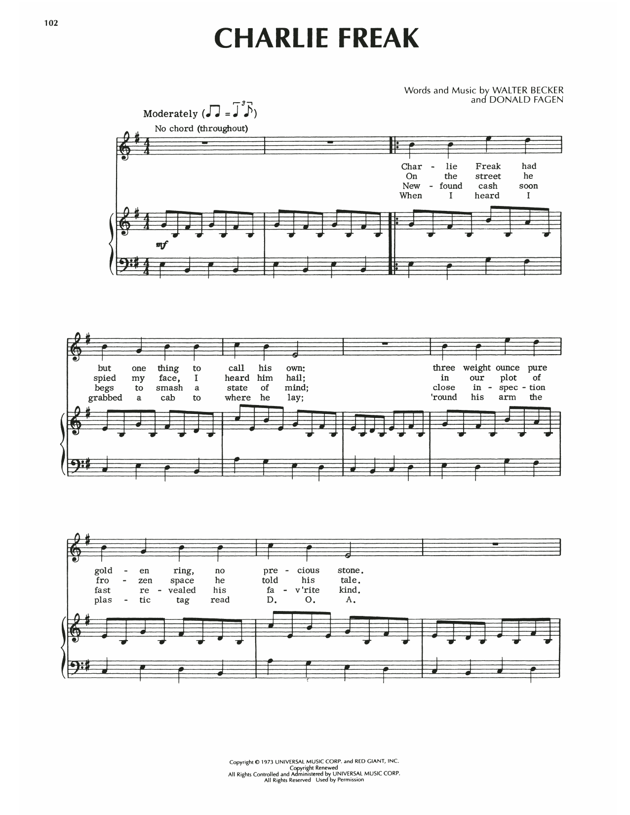 Download Steely Dan Charlie Freak Sheet Music and learn how to play Piano, Vocal & Guitar Chords (Right-Hand Melody) PDF digital score in minutes