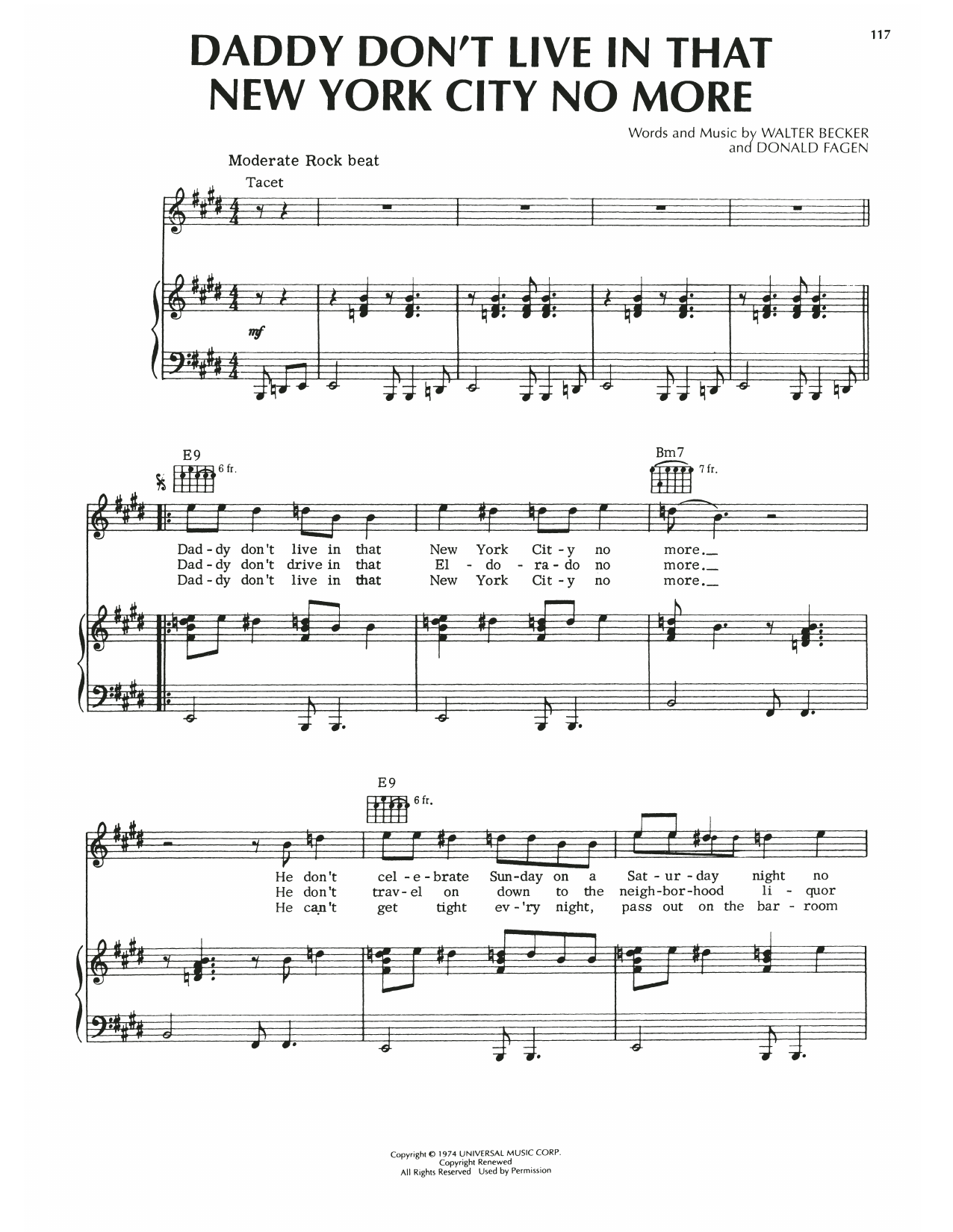 Download Steely Dan Daddy Don't Live In That New York City No More Sheet Music and learn how to play Piano, Vocal & Guitar Chords (Right-Hand Melody) PDF digital score in minutes