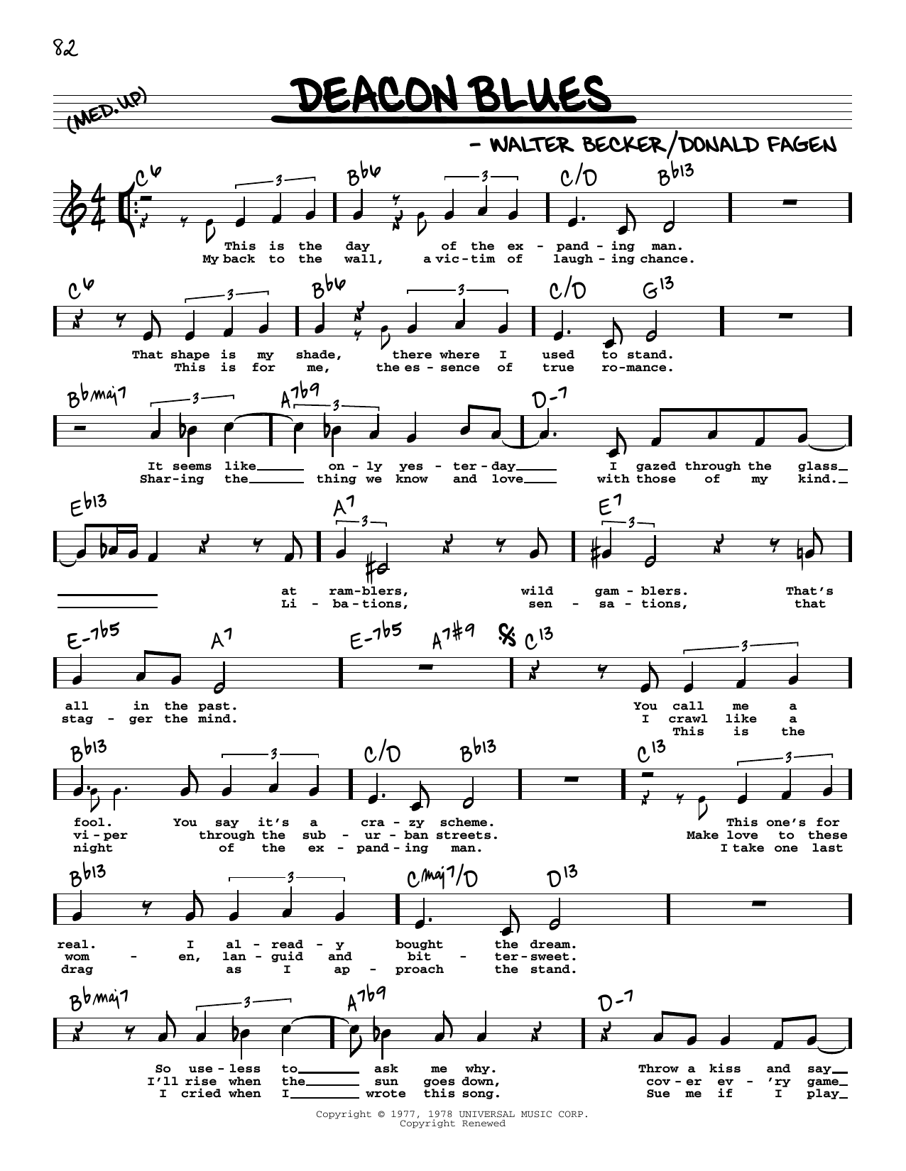 Download Steely Dan Deacon Blues (High Voice) Sheet Music and learn how to play Real Book – Melody, Lyrics & Chords PDF digital score in minutes