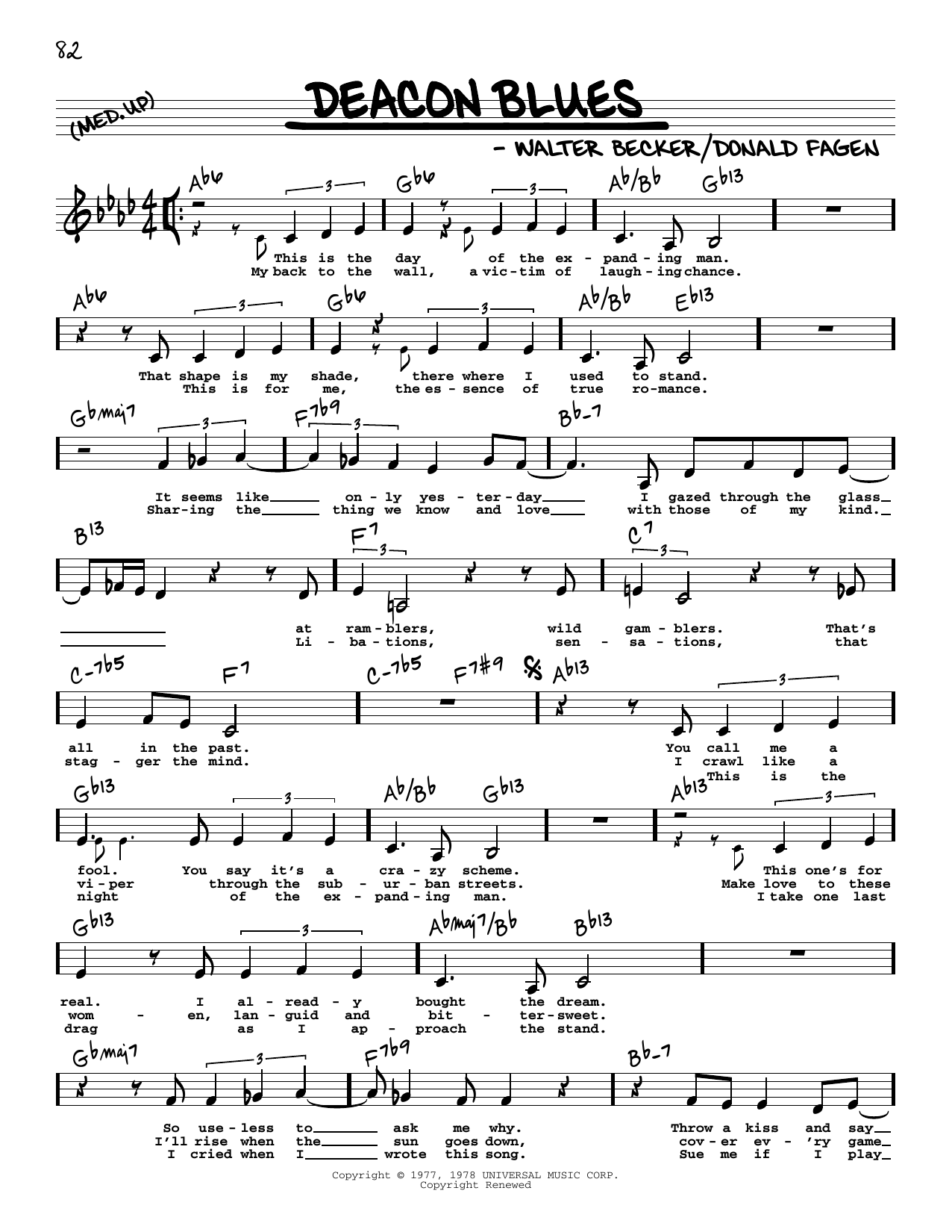 Download Steely Dan Deacon Blues (Low Voice) Sheet Music and learn how to play Real Book – Melody, Lyrics & Chords PDF digital score in minutes