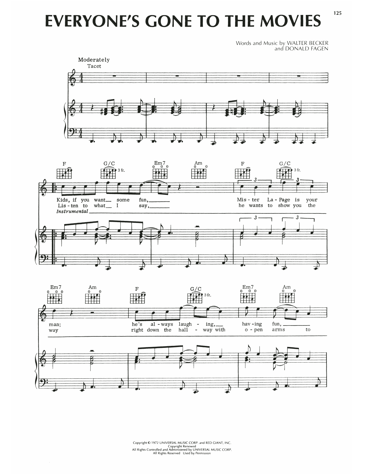 Download Steely Dan Everyone's Gone To The Movies Sheet Music and learn how to play Piano, Vocal & Guitar Chords (Right-Hand Melody) PDF digital score in minutes