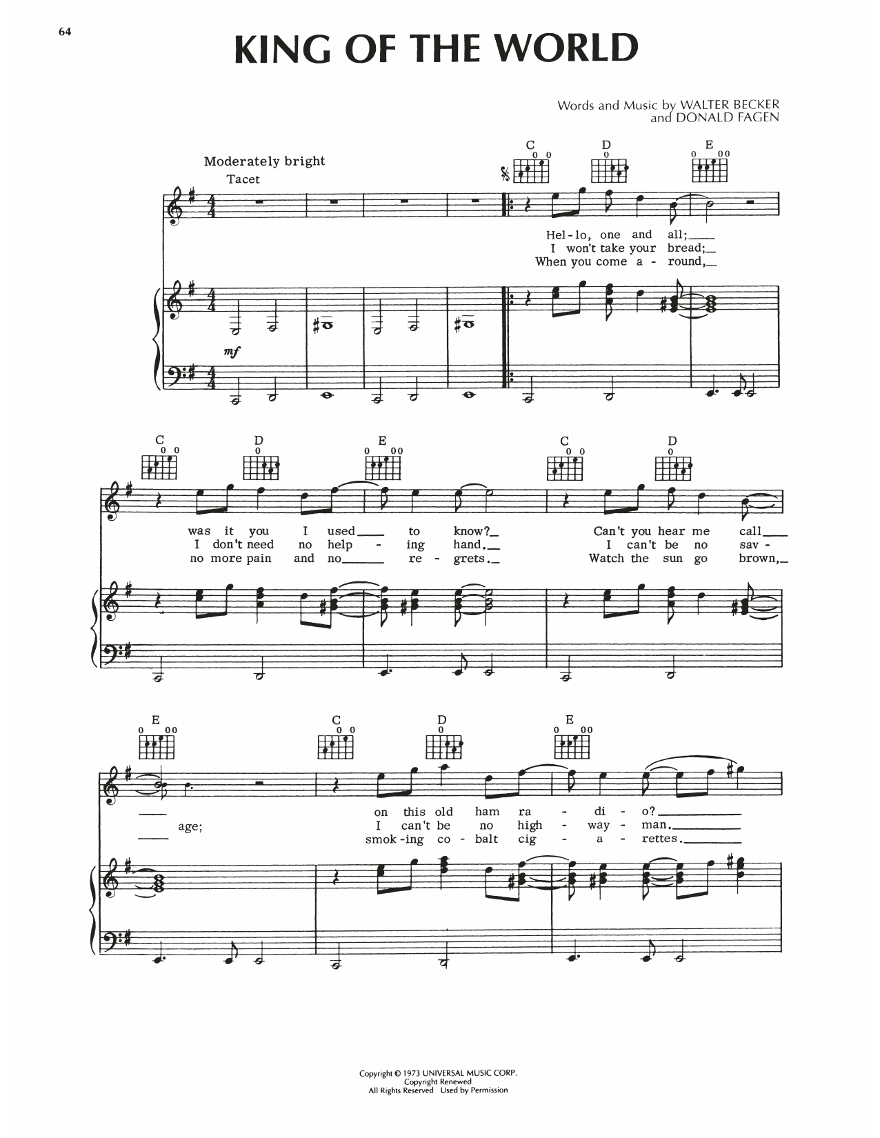 Download Steely Dan King Of The World Sheet Music and learn how to play Piano, Vocal & Guitar Chords (Right-Hand Melody) PDF digital score in minutes