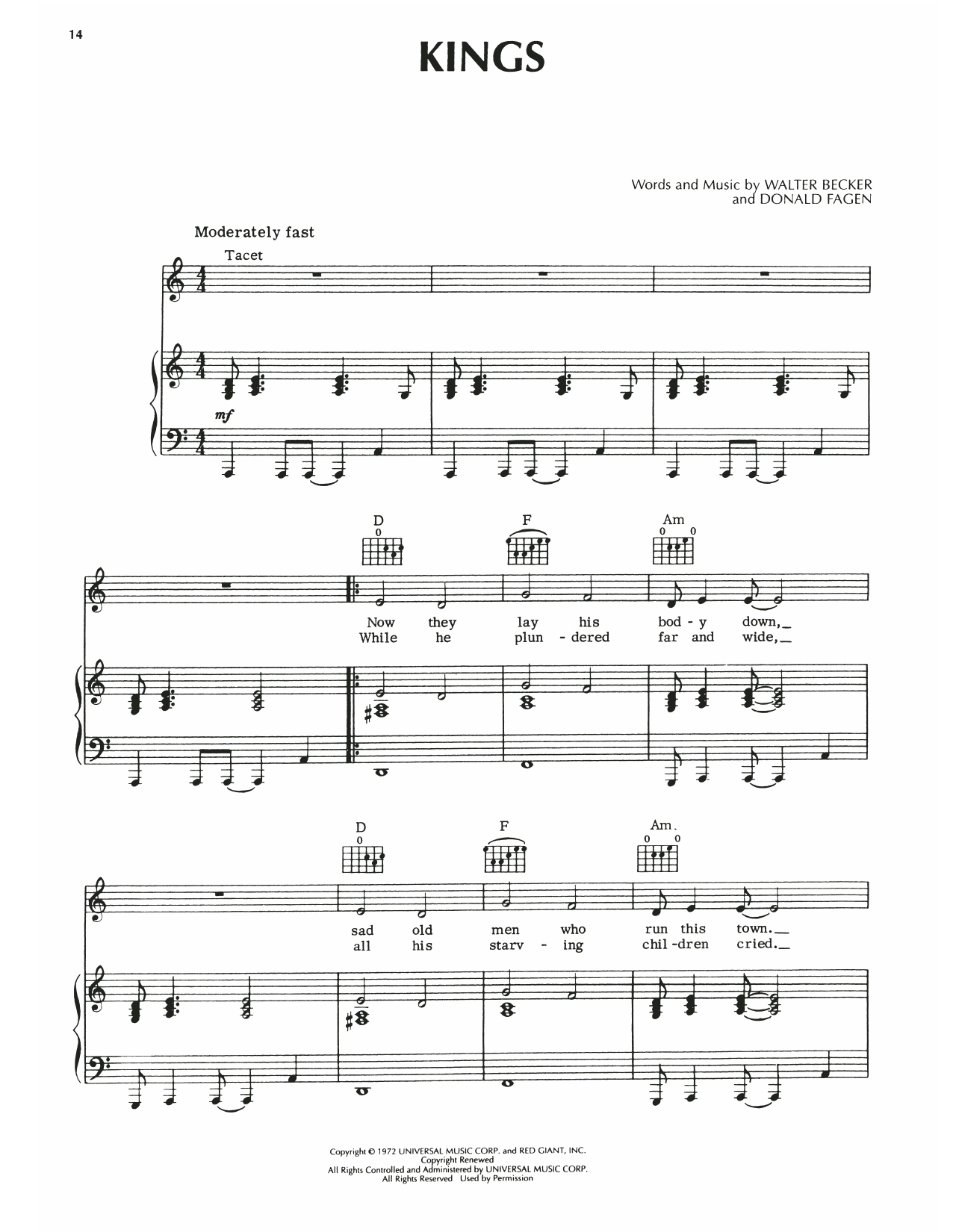 Download Steely Dan Kings Sheet Music and learn how to play Piano, Vocal & Guitar Chords (Right-Hand Melody) PDF digital score in minutes