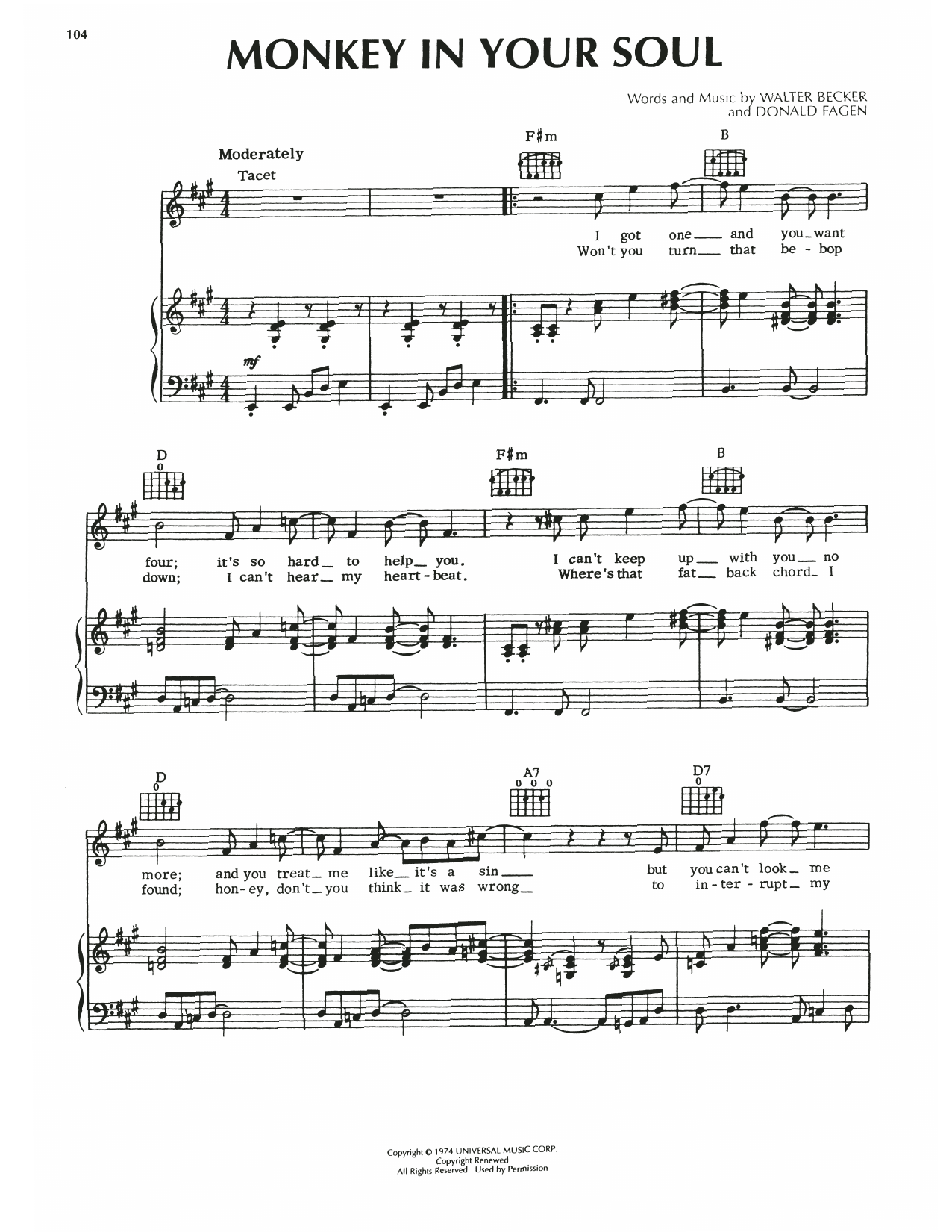 Download Steely Dan Monkey In Your Soul Sheet Music and learn how to play Piano, Vocal & Guitar Chords (Right-Hand Melody) PDF digital score in minutes