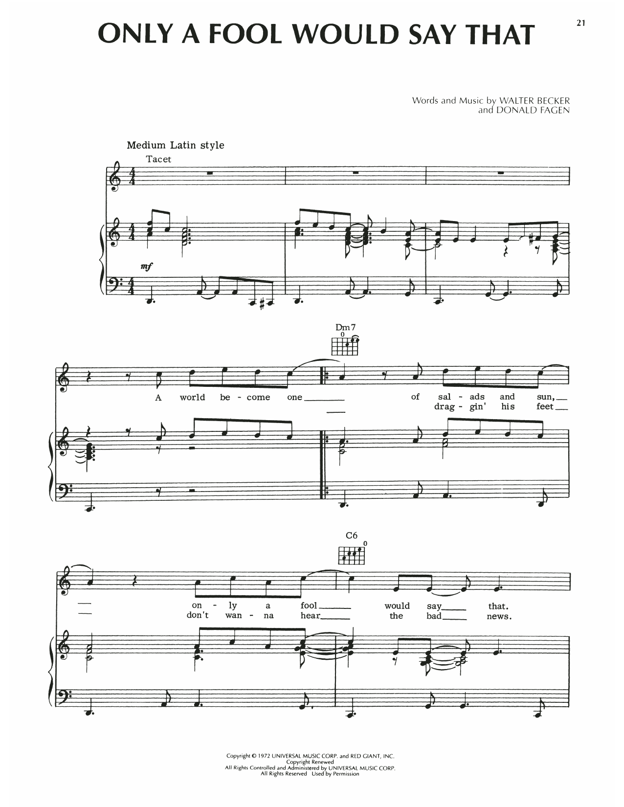 Download Steely Dan Only A Fool Would Say That Sheet Music and learn how to play Piano, Vocal & Guitar Chords (Right-Hand Melody) PDF digital score in minutes