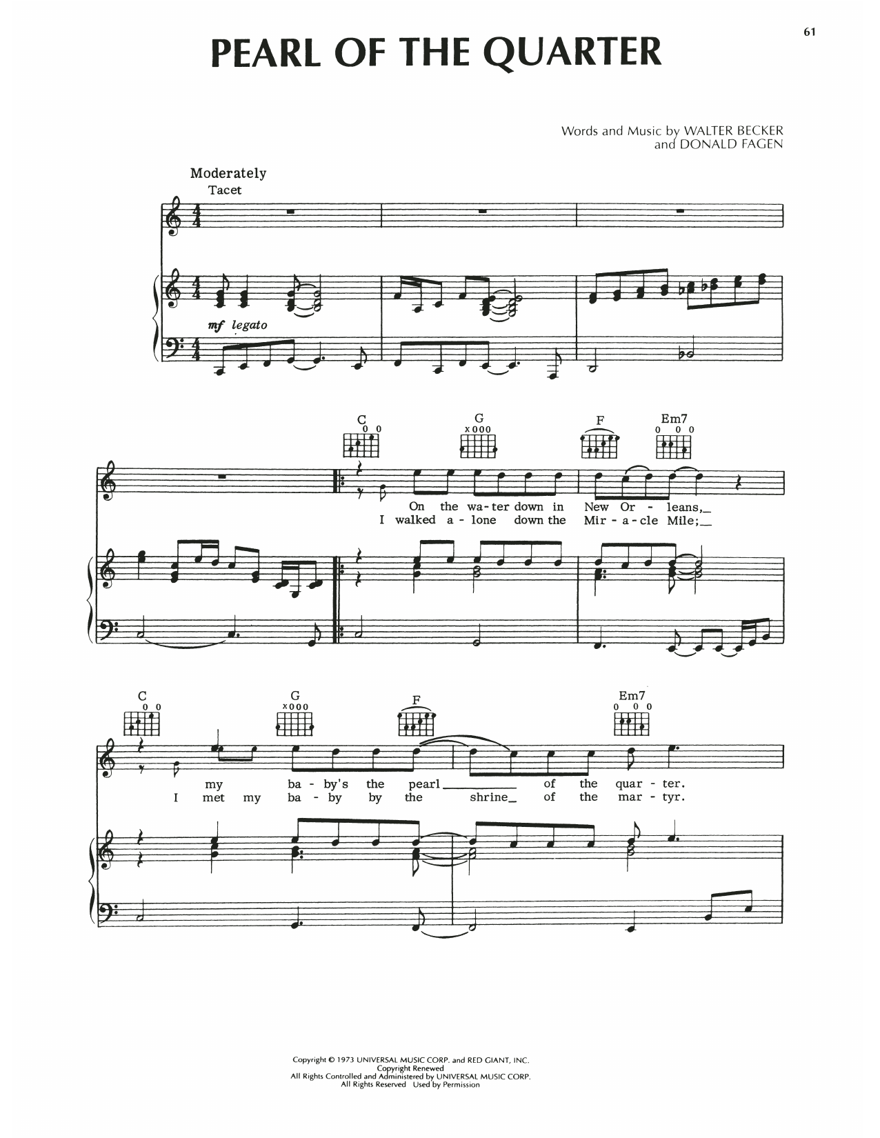 Download Steely Dan Pearl Of The Quarter Sheet Music and learn how to play Piano, Vocal & Guitar Chords (Right-Hand Melody) PDF digital score in minutes