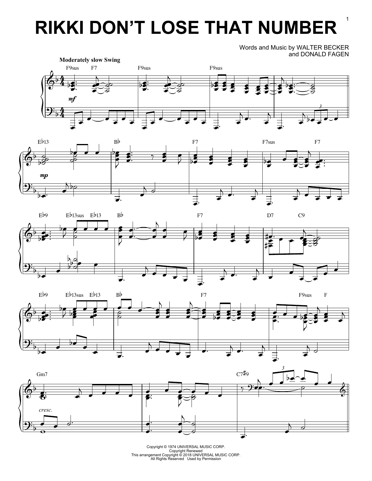 Download Steely Dan Rikki Don't Lose That Number [Jazz version] Sheet Music and learn how to play Piano Solo PDF digital score in minutes