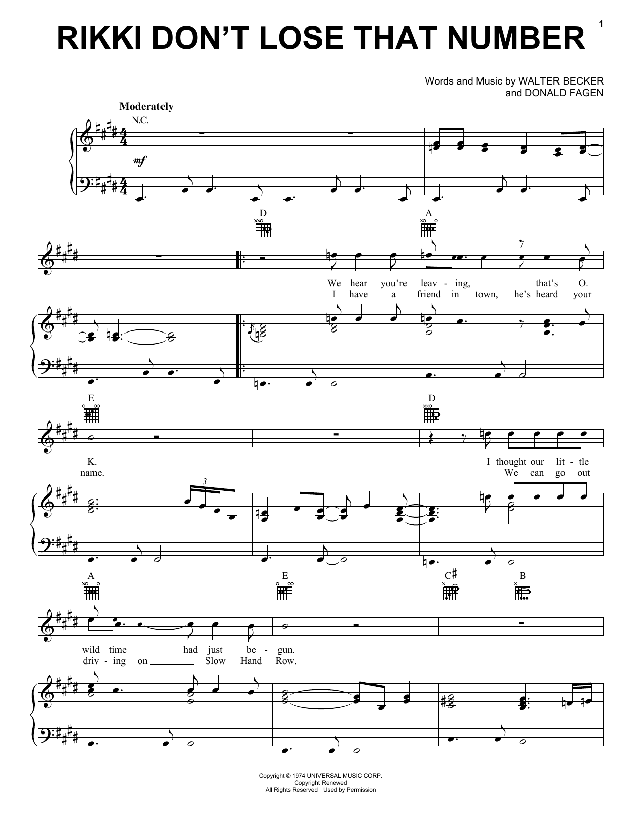 Download Steely Dan Rikki Don't Lose That Number Sheet Music and learn how to play Piano, Vocal & Guitar (Right-Hand Melody) PDF digital score in minutes