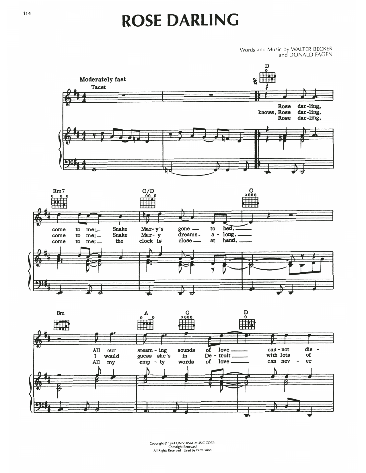 Download Steely Dan Rose Darling Sheet Music and learn how to play Piano, Vocal & Guitar Chords (Right-Hand Melody) PDF digital score in minutes