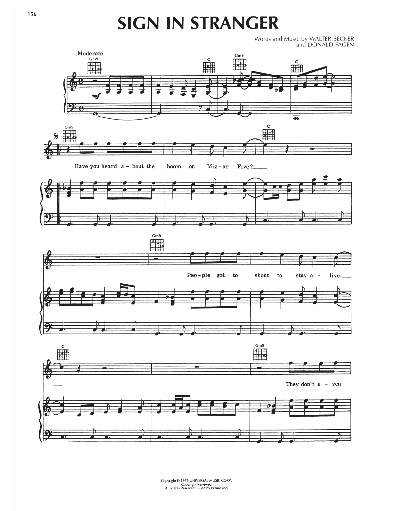 Download Steely Dan Sign In Stranger Sheet Music and learn how to play Piano, Vocal & Guitar Chords (Right-Hand Melody) PDF digital score in minutes