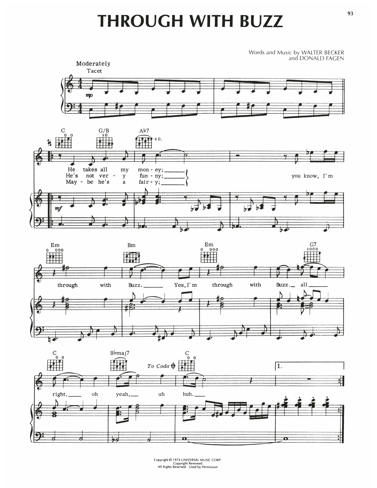 Download Steely Dan Through With Buzz Sheet Music and learn how to play Piano, Vocal & Guitar Chords (Right-Hand Melody) PDF digital score in minutes