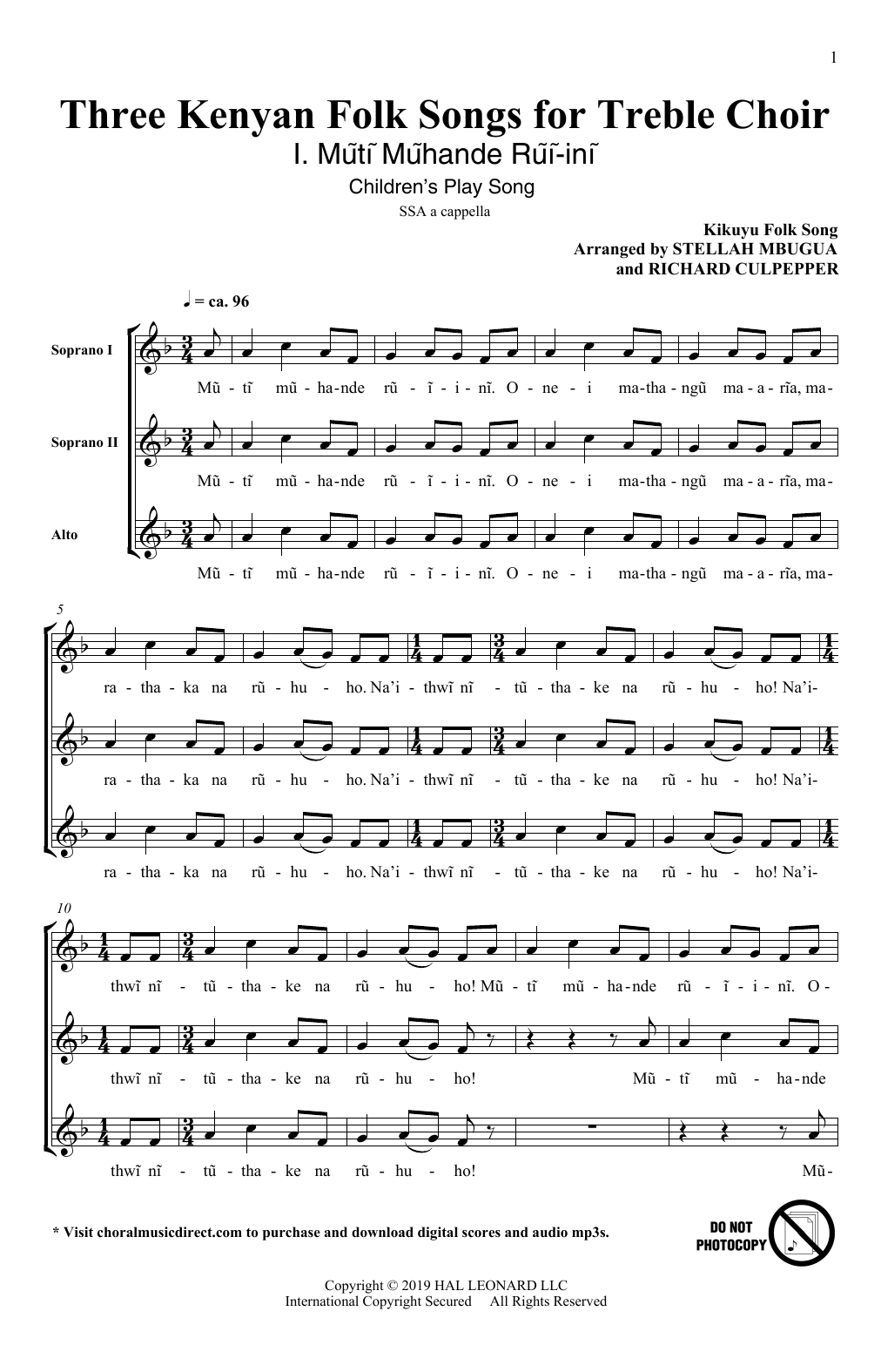 Download Stellah Mbugua and Richard Culpepper Three Kenyan Folksongs for Treble Choir Sheet Music and learn how to play SSA Choir PDF digital score in minutes