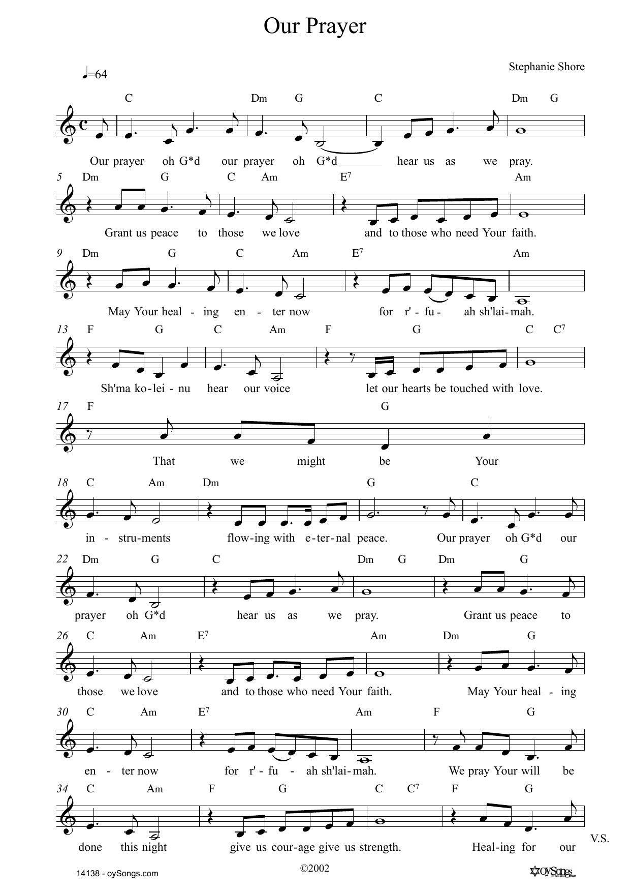 Download Stephanie Shore Our Prayer Sheet Music and learn how to play Lead Sheet / Fake Book PDF digital score in minutes