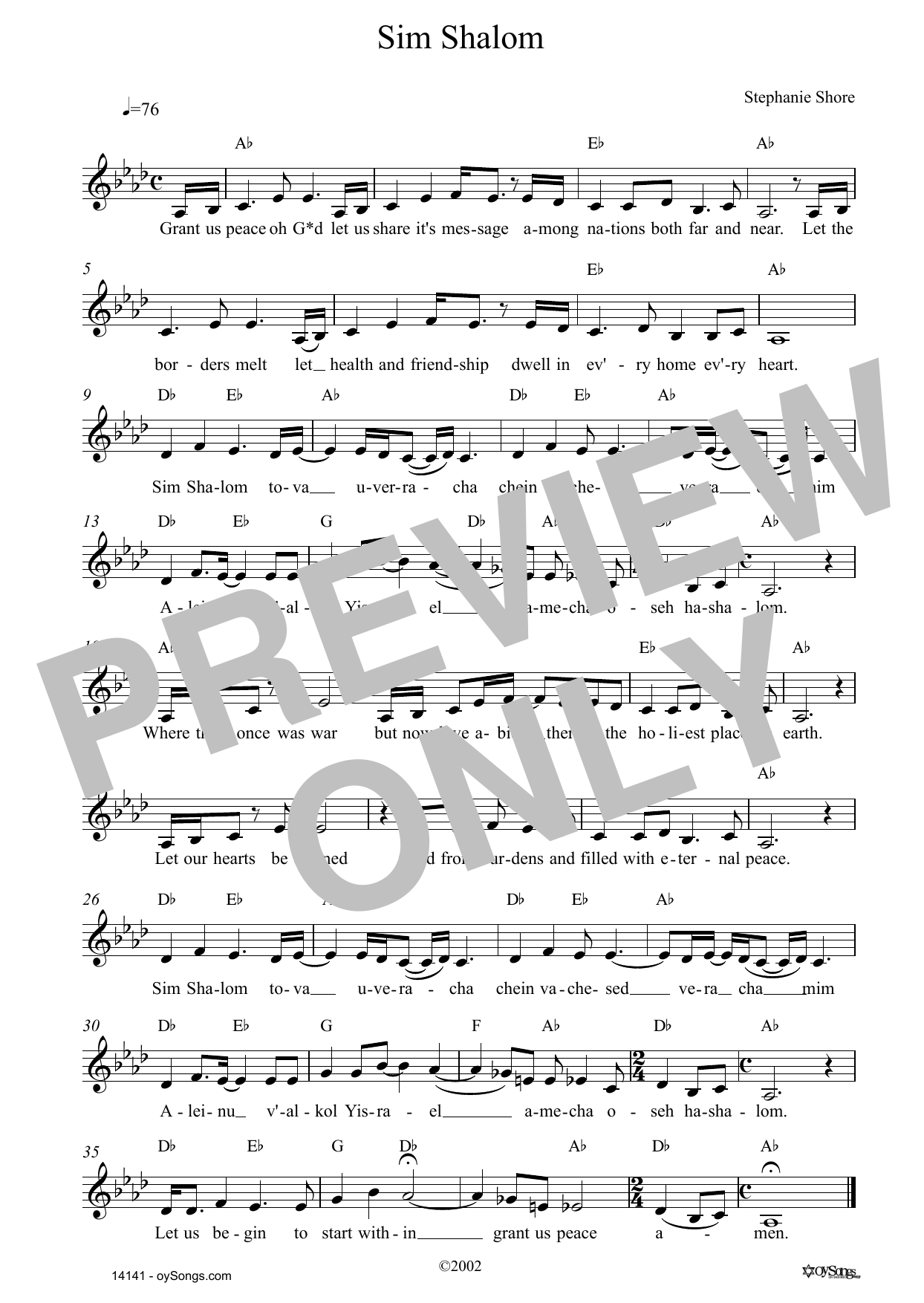 Download Stephanie Shore Sim Shalom Sheet Music and learn how to play Lead Sheet / Fake Book PDF digital score in minutes