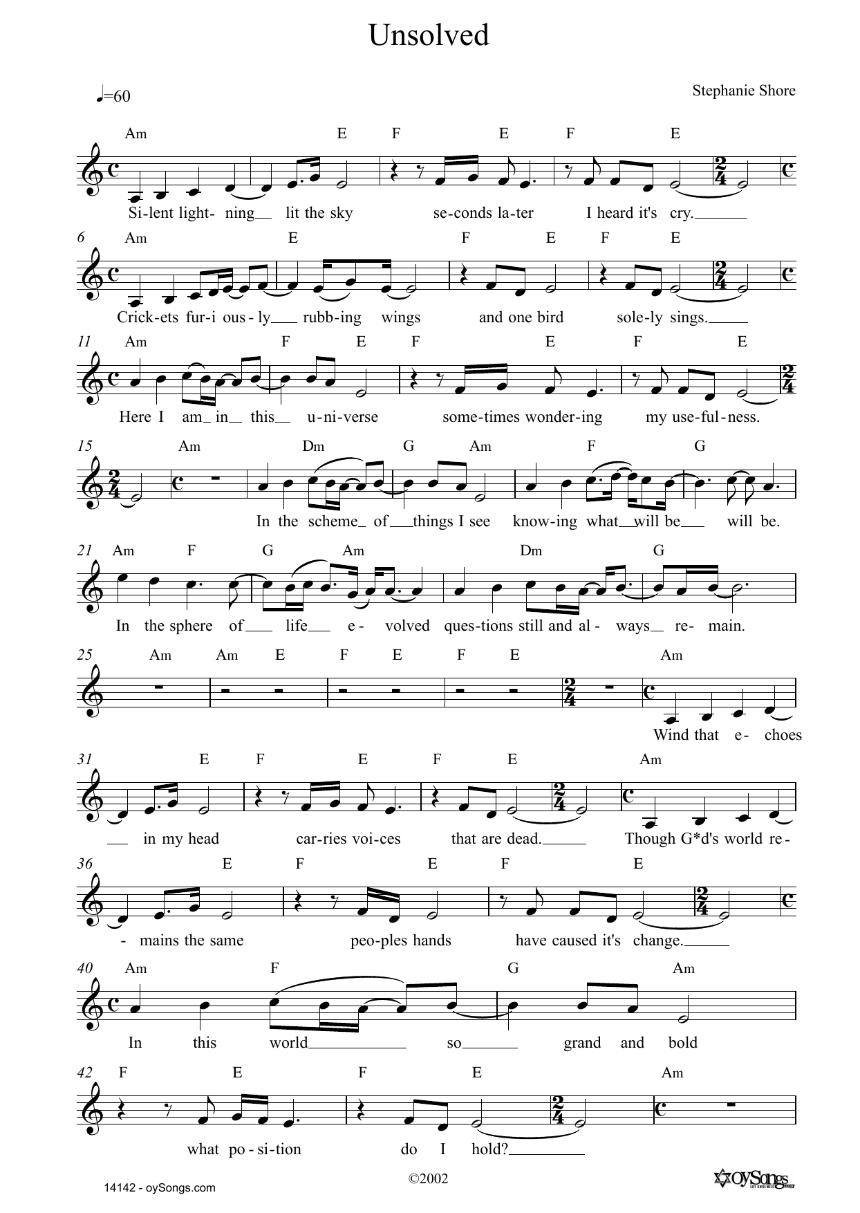 Download Stephanie Shore Unsolved Sheet Music and learn how to play Lead Sheet / Fake Book PDF digital score in minutes